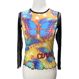 Y2K Airbrush Butterfly Cutie Graphic Top Mesh Long Sleeve Lettuce Trim Black